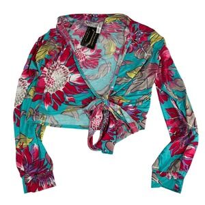 Touch Dolls Floral 2 Piece Set Teal Pink Long Sleeve Tie Front Top Shorts Small